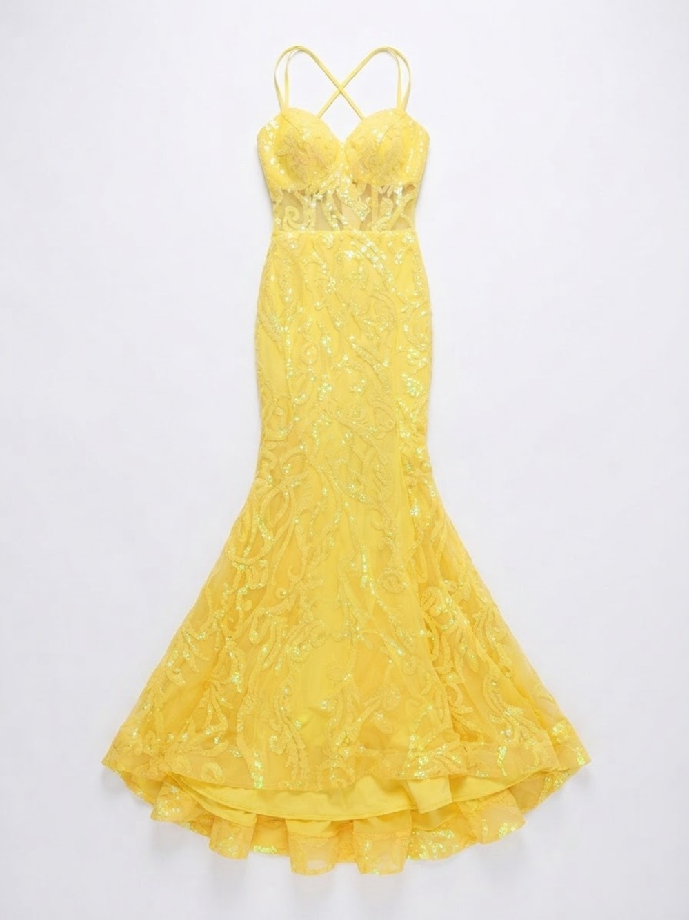 Rachel Allan Yellow Sequin Mermaid Gown with Cross-Strap Bodice